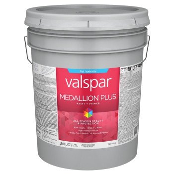 Valspar Medallion Plus 2500 028.0025004.008 Latex Paint, Acrylic Base, Flat Sheen, Clear Base, 5 gal, Plastic Pail