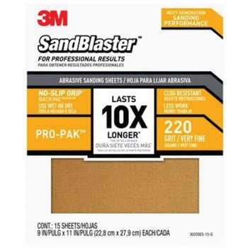 3M SandBlaster Series 30220ES-15-G Wet/Dry Abrasive Sandpaper, 11 in L, 9 in W, 220 Grit, Very Fine