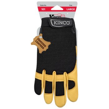 KincoPro 101-L Safety Gloves, Men's, L, Wing Thumb, Hook and Loop Cuff, Polyester/Spandex Back, Gold