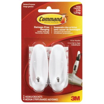 Command 17068C Wire Hook, 3 lb, 2-Hook, Plastic, White