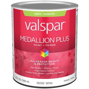 Valspar Medallion Plus 2600 028.0026000.005 Latex Paint, Acrylic Base, Satin Sheen, White Base, 1 qt, Plastic Can