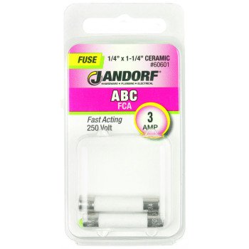 Jandorf 60601 Fast Acting Fuse, 3 A, 250 V, 100 A, 10 kA Interrupt, Ceramic Body