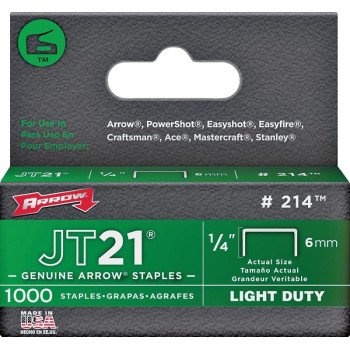 Arrow JT21 Series 214 Staple, 1/4 in W Crown, 1/4 in L Leg, 0.03 ga