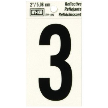 Hy-Ko RV-25/3 Reflective Sign, Character: 3, 2 in H Character, Black Character, Silver Background, Vinyl