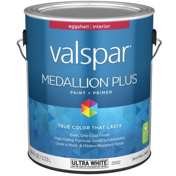 Valspar Medallion Plus 2200 028.0022002.007 Latex Paint, Acrylic Base, Eggshell Sheen, Ultra White Base, 1 gal, Can