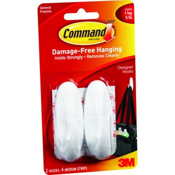 Command 17081-2VP Designer Hook, 3 lb, 4-Hook, Plastic, White