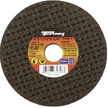 Forney 71846 Cut-Off Wheel, 4 in Dia, 1/16 in Thick, 5/8 in Arbor, 46 Grit, Medium, Aluminum Oxide Abrasive