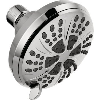 Delta 75661 Shower Head, 1.75 gpm, 1/2-14 Connection, NPT, 6-Spray Function, Plastic, Chrome, 4-3/8 in Dia