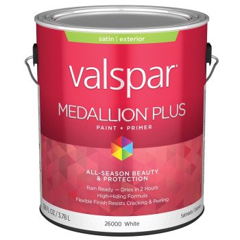 Valspar Medallion Plus 2600 028.0026000.007 Latex Paint, Acrylic Base, Satin Sheen, White Base, 1 gal, Plastic Can