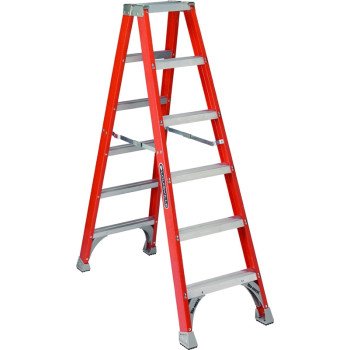 Louisville FM1506 Twin Step Ladder, 125 in Max Reach H, 5-Step, 300 lb, Type IA Duty Rating, 3 in D Step, Fiberglass