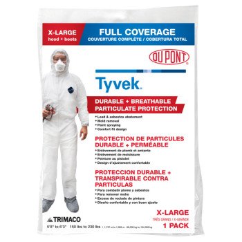 Trimaco COLORmaxx 141232/12 Protective Coveralls with Hood and Boots, XL, Zipper Closure, Tyvek, White