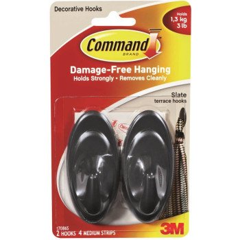 Command 17086S Terrace Hook, 3 lb, 2-Hook, Plastic, Slate