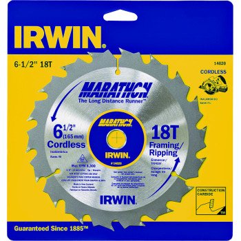 Irwin Marathon 14020 Circular Saw Blade, 6-1/2 in Dia, 5/8 in Arbor, 18-Teeth, Carbide Cutting Edge