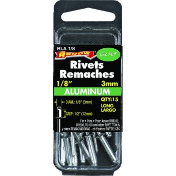 Arrow RLA1/8 Pop Rivet, Long, 1/2 in L, Aluminum, 15/PK