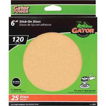 Gator 3243 Sanding Disc, 6 in Dia, Coated, 120 Grit, Fine, Aluminum Oxide Abrasive, Paper Backing