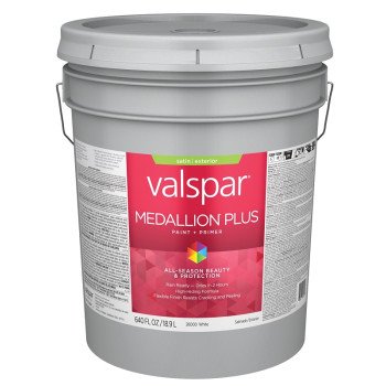 Valspar Medallion Plus 2600 028.0026000.008 Latex Paint, Acrylic Base, Satin Sheen, White Base, 5 gal, Plastic Pail