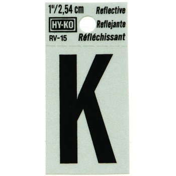 Hy-Ko RV-15/K Reflective Letter, Character: K, 1 in H Character, Black Character, Silver Background, Vinyl