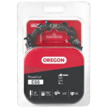 Oregon PowerCut E66 Chainsaw Chain, 18 in L Bar, 0.05 Gauge, 3/8 in TPI/Pitch, 66-Link