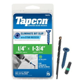 Tapcon 28375 Concrete Screw Anchor, 1/4 in Dia, 1-3/4 in L, Steel, Climaseal, 75/PK