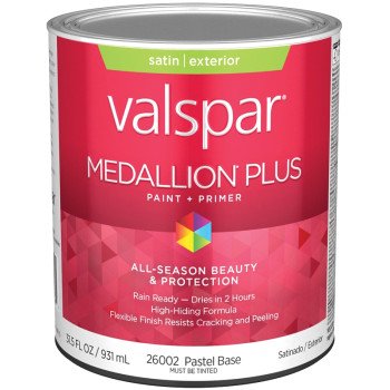 Valspar Medallion Plus 2600 028.0026002.005 Latex Paint, Acrylic Base, Satin Sheen, Pastel Base, 1 qt, Plastic Can