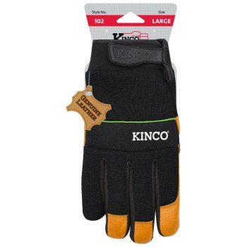 KincoPro 102-L Safety Gloves, Men's, L, Wing Thumb, Hook and Loop Cuff, Polyester/Spandex Back, Gold