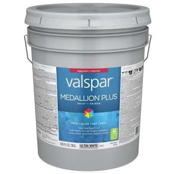 Valspar Medallion Plus 2200 028.0022002.008 Latex Paint, Acrylic Base, Eggshell Sheen, Ultra White Base, 5 gal