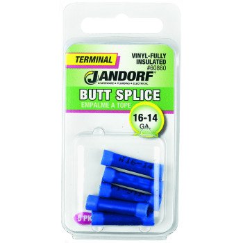 Jandorf 60860 Butt Splice Connector, 16 to 14 AWG Wire, Vinyl Insulation, Copper Contact, Blue, 5/PK