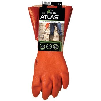 Showa 620L-09.RT Coated Gloves, L, 12 in L, Gauntlet Cuff, PVC, Orange