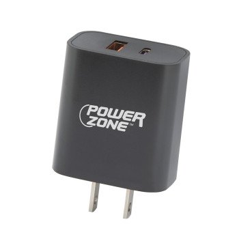 PowerZone CA-43AT PD+QC Dual USB Wall Charger, 100 to 240 V Input, 3 A Charge, Black