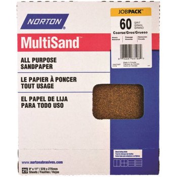 Norton MultiSand 07660768108 Sanding Sheet, 11 in L, 9 in W, Coarse, 60 Grit, Aluminum Oxide Abrasive, Paper Backing