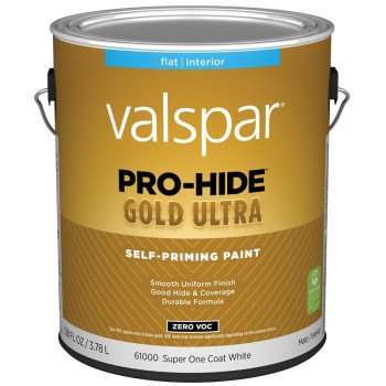 Valspar Pro-Hide Gold Ultra 6100 028.0061000.007 Latex Paint, Acrylic Base, Flat Sheen, Super One Coat White, 1 gal