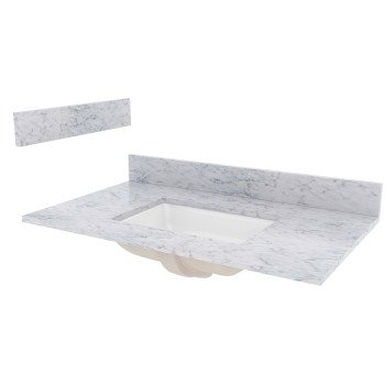 Craft + Main ST37228CWR Vanity Top, 22 in OAL, 37 in OAW, Marble, Carrara White, Undermount Sink, 1-Bowl, Eased Edge