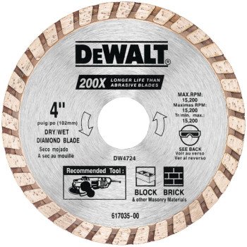 DEWALT DW4724 Circular Blade, Turbo Blade, 4 in Dia, 7/8 in Arbor, Diamond Cutting Edge