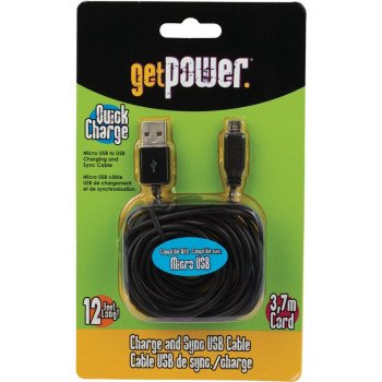 GetPower GP-XL-USB-M USB Charging and Sync Cable, Black, 12 ft L