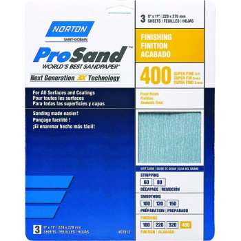 Norton ProSand 07660768156 Sanding Sheet, 11 in L, 9 in W, Super Fine, 400 Grit, Aluminum Oxide Abrasive, Paper Backing