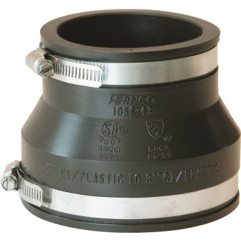 Fernco P1056-43 Flexible Coupling, 4 x 3 in, PVC, Black, 4.3 psi Pressure