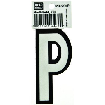 Hy-Ko PS-20/P Reflective Letter, Character: P, 3-1/4 in H Character, Black/White Character, Vinyl