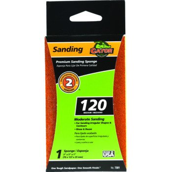 Gator 7301 Sanding Sponge, 5 in L, 3 in W, 120 Grit, Aluminum Oxide Abrasive