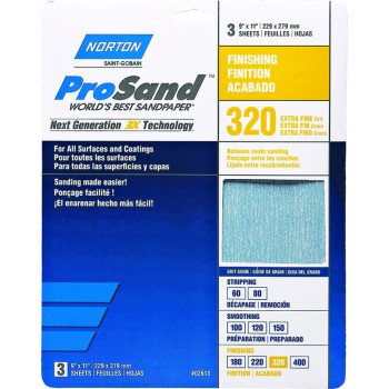 Norton ProSand 07660768157 Sanding Sheet, 11 in L, 9 in W, Extra Fine, 320 Grit, Aluminum Oxide Abrasive, Paper Backing