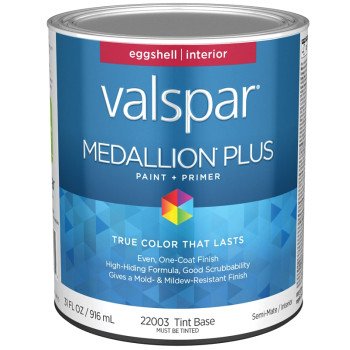 Valspar Medallion Plus 2200 028.0022003.005 Latex Paint, Acrylic Base, Eggshell Sheen, Tint Base, 1 qt, Plastic Can