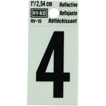 Hy-Ko RV-15/4 Reflective Sign, Character: 4, 1 in H Character, Black Character, Silver Background, Vinyl