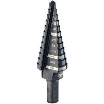 Milwaukee 48-89-9204 Step Drill Bit, 3/16 to 7/8 in Dia, 2-61/64 in OAL, 2-Flute, 3/8 in Dia Shank, Flat Shank