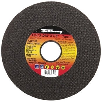 Forney 71854 Cut-Off Wheel, 4-1/2 in Dia, 0.045 in Thick, 7/8 in Arbor, 60 Grit, Medium, Aluminum Oxide Abrasive