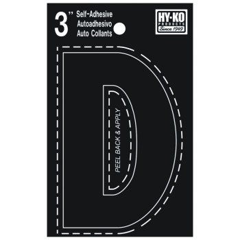 Hy-Ko 30400 Series 30414 Die-Cut Letter, Character: D, 3 in H Character, Black Character, Vinyl