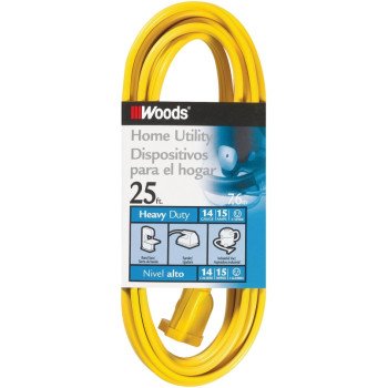 Woods 0834 Extension Cord, 14 AWG Cable, 25 ft L, 15 A, 125 V, Yellow