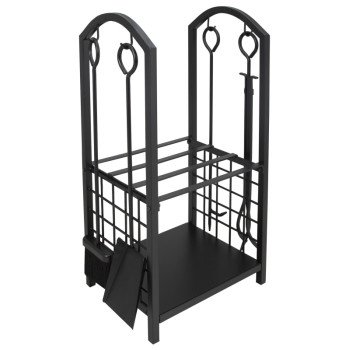 Simple Spaces T88091BK Fireplace Log & Took Rack Set, 12 in W, 29-1/4 in H, Steel Base, Powder Coated, Black