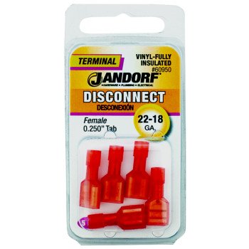 Jandorf 60950 Disconnect Terminal, 22 to 18 AWG Wire, Vinyl Insulation, Copper Contact, Red, 5/PK