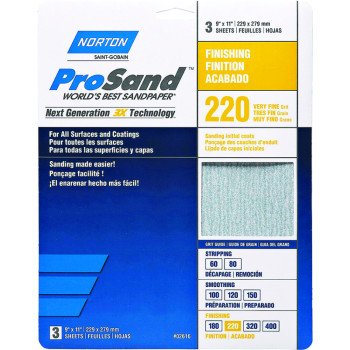 Norton ProSand 07660768158 Sanding Sheet, 11 in L, 9 in W, Very Fine, 220 Grit, Aluminum Oxide Abrasive, Paper Backing