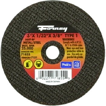 Forney 71855 Cut-Off Wheel, 3 in Dia, 1/32 in Thick, 3/8 in Arbor, 60 Grit, Medium, Aluminum Oxide Abrasive