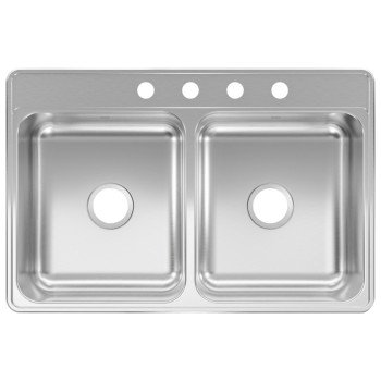 Kindred CDLA3322-6-4N Two Bowl Kitchen Sink, 4-Faucet Hole, 33 in OAW, 22 in OAD, Stainless Steel, Top